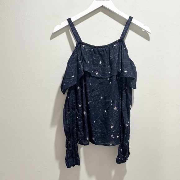 ANTHROPOLOGIE FLOREAT Women’s Blue Silver STARLIT Off Shoulder Blouse Top Sz XS - Picture 2 of 15